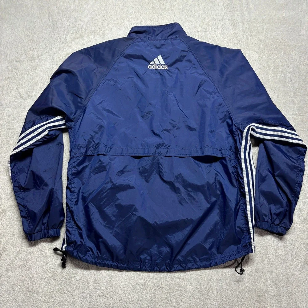 VTG Adidas Mens XL Navy Blue Windbreaker Full Zip Mesh Lined Jacket 3 Stripe Y2K